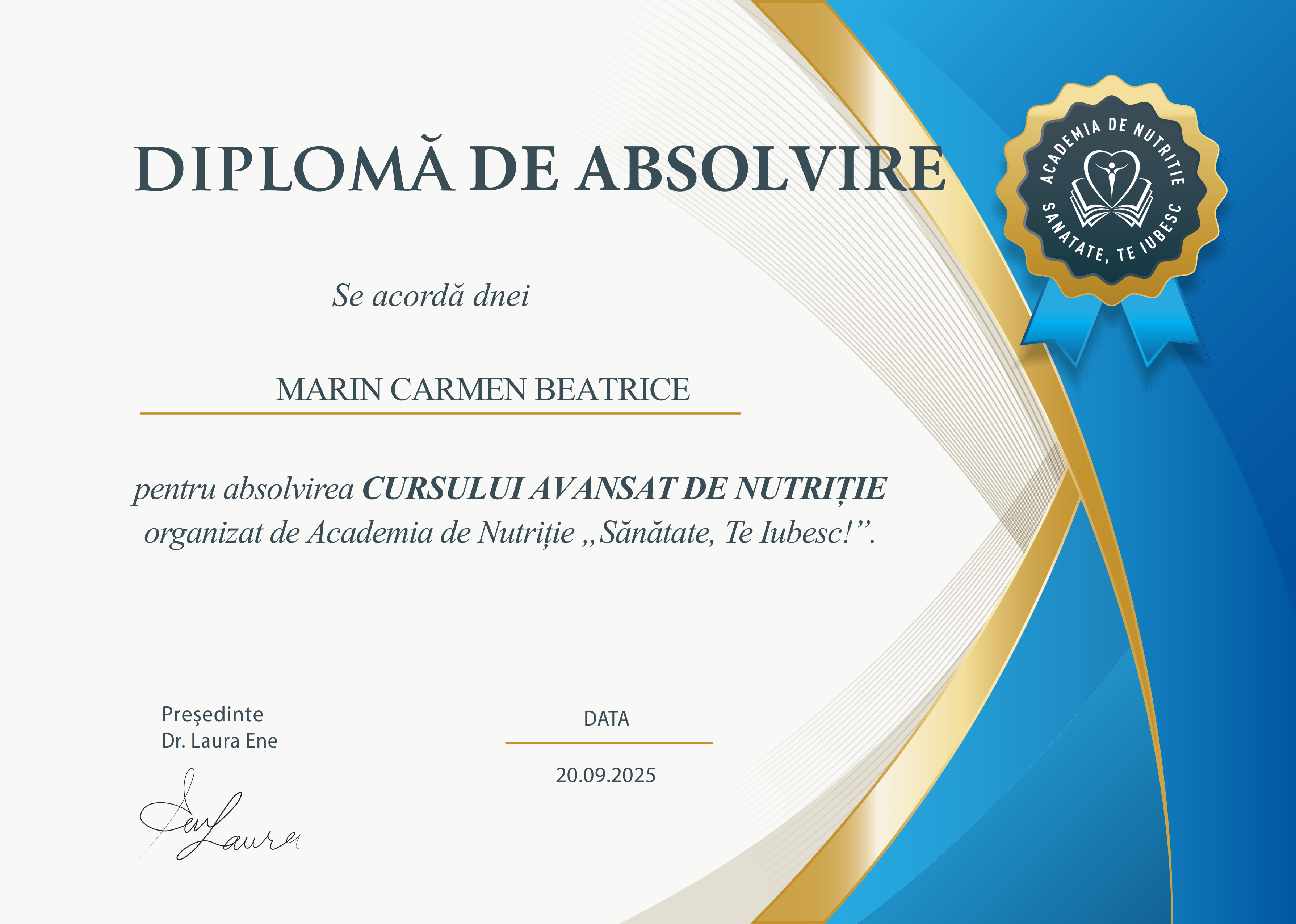 Diplomă Tehnician Nutriționist Autorizat - Beatrice Marin